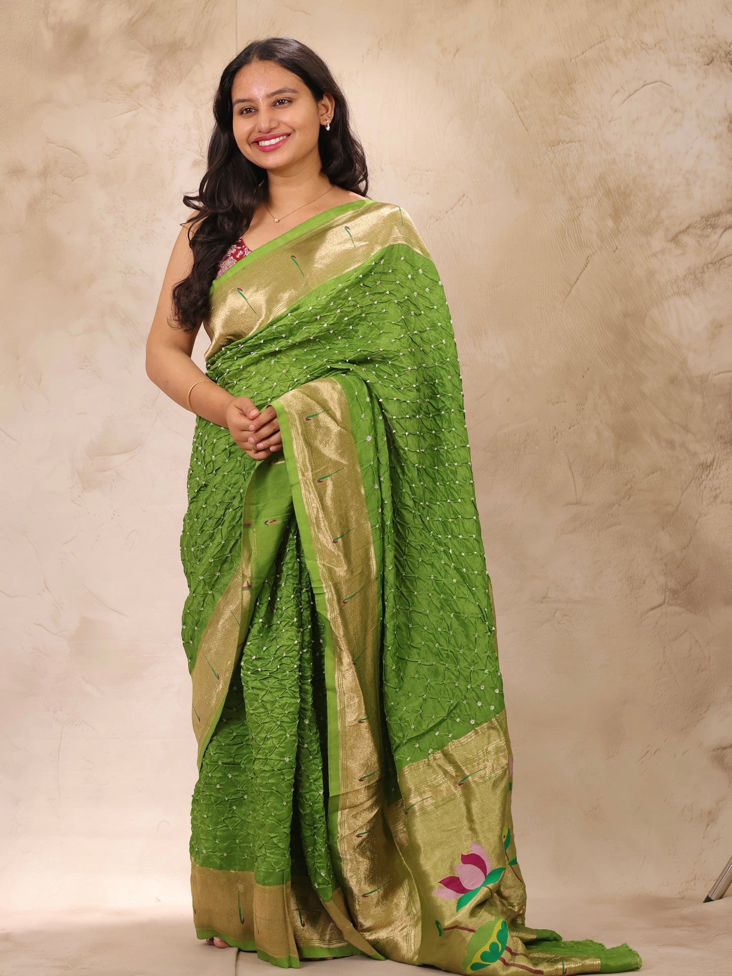 Green Handcrafted Bandhani Paithani Dola Silk Saree | Looms & Tassels