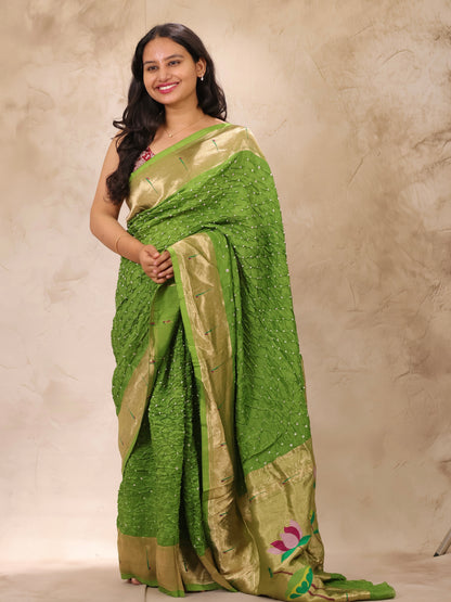 Green Handcrafted Bandhani Paithani Dola Silk Saree | Looms & Tassels