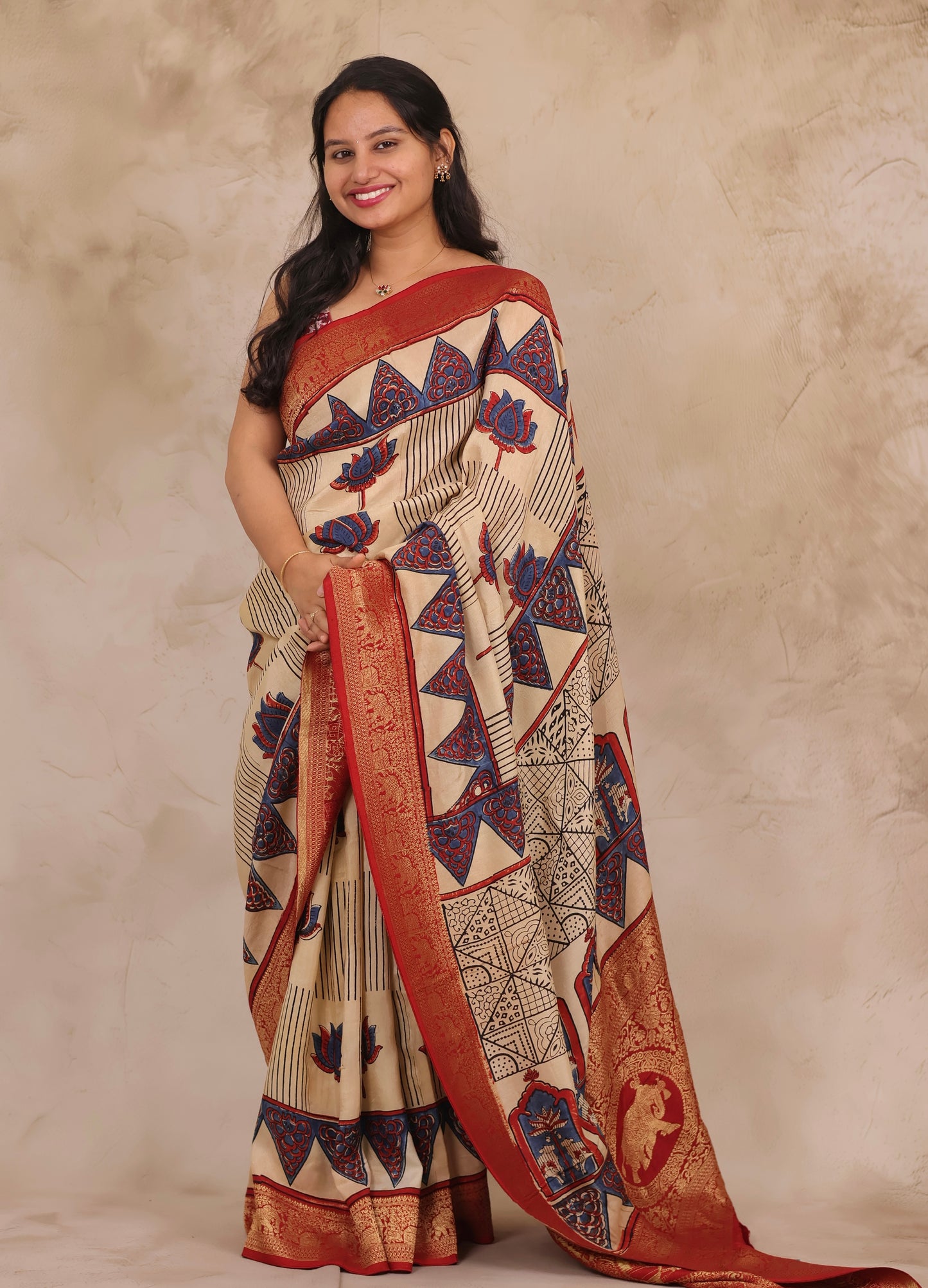 Cream Lotus Ajrakh Handblock printed Dola Silk Saree | Looms & Tassels