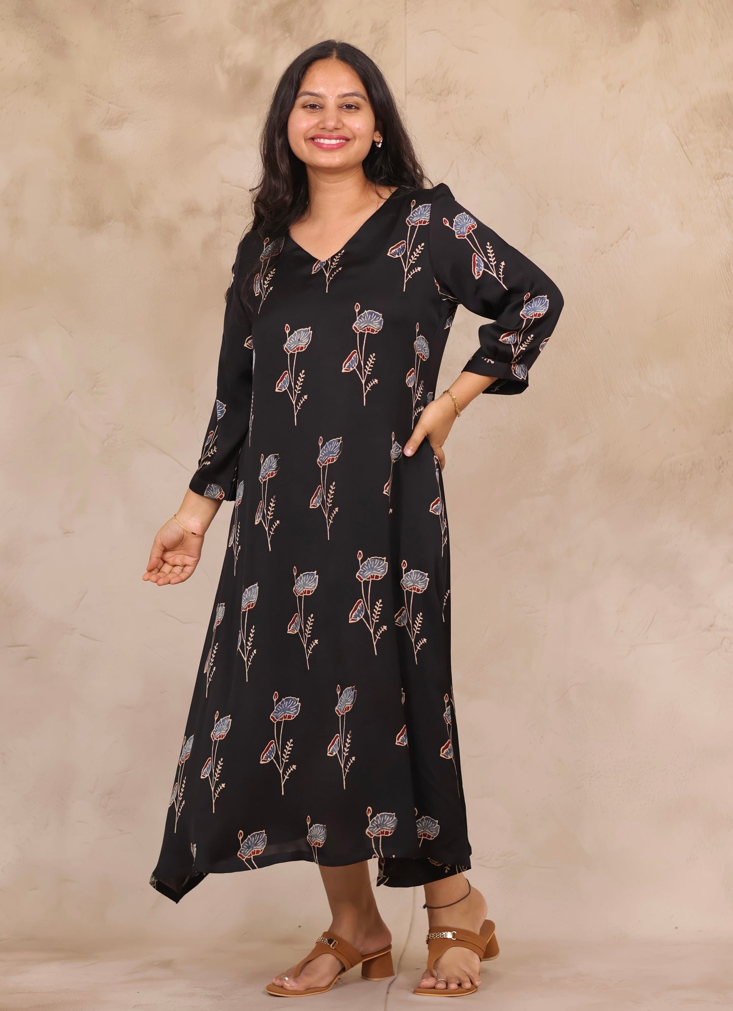 Black Ajrakh Modal Silk Aline Dress | Looms & Tassels