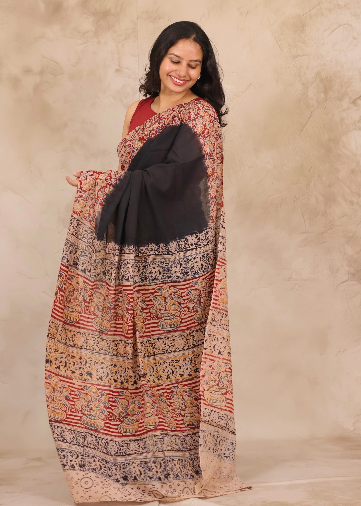 Black Hand Block Printed Kalamkari Cotton Saree | Looms & Tassels