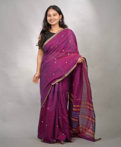 Purple Narayanpet Cotton Saree With Butta Weaving | Looms & Tassels