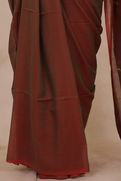 Dual Shade Brown Malai Cotton Saree with Butta Weaving | Looms & Tassels