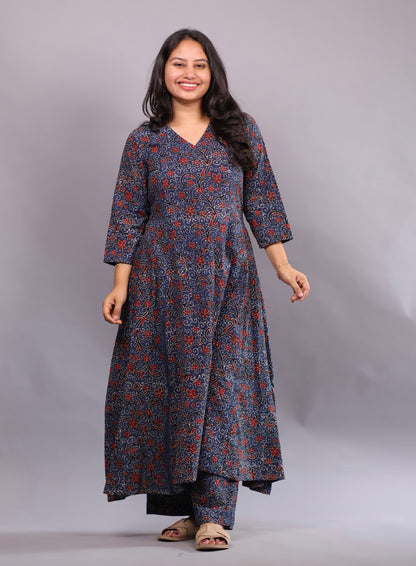 Indigo Ajrakh Handblock Printed Kali Kurti Co-ord Set (Pure Cotton ) | Looms & Tassels
