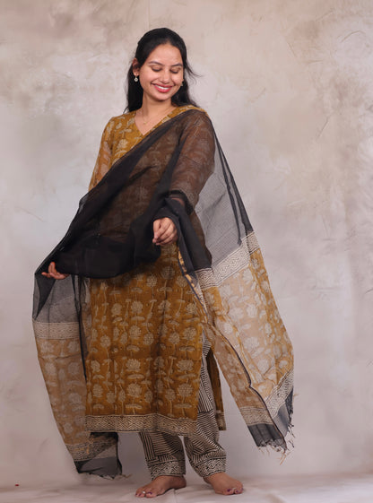 Mustard Handblock printed kota 3 piece suit (stitched)