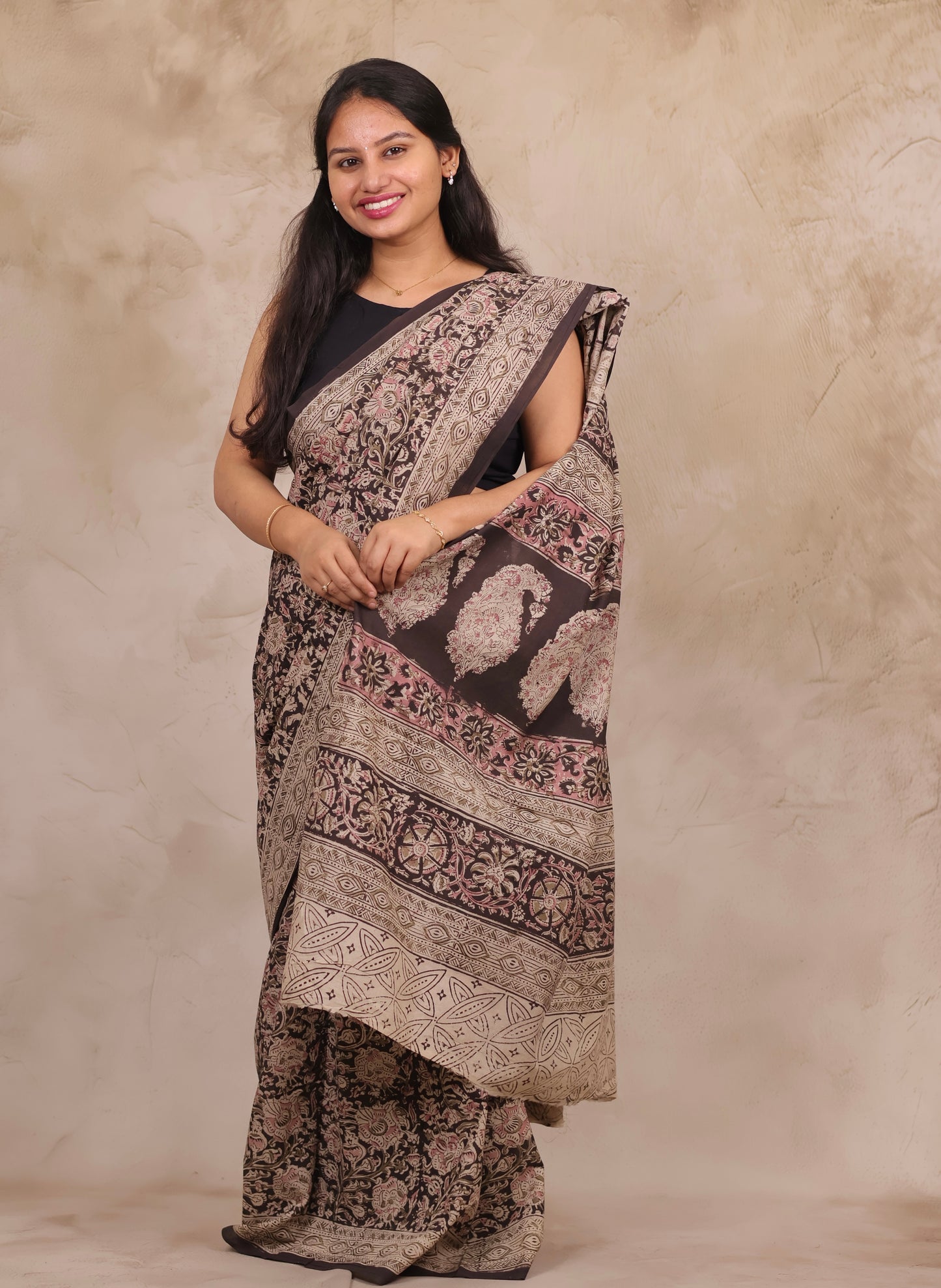 Black Hand Block Printed Kalamkari Cotton Saree | Looms & Tassels