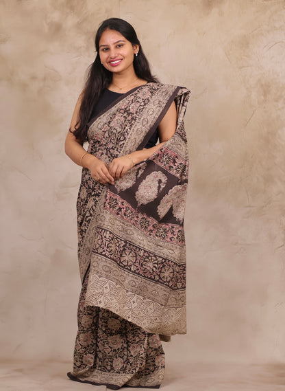 Black Hand Block Printed Kalamkari Cotton Saree | Looms & Tassels