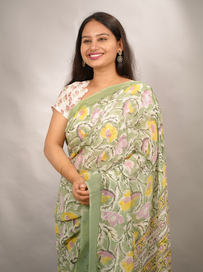 Green Georgette Hand Block Printed Saree| Looms & Tassels