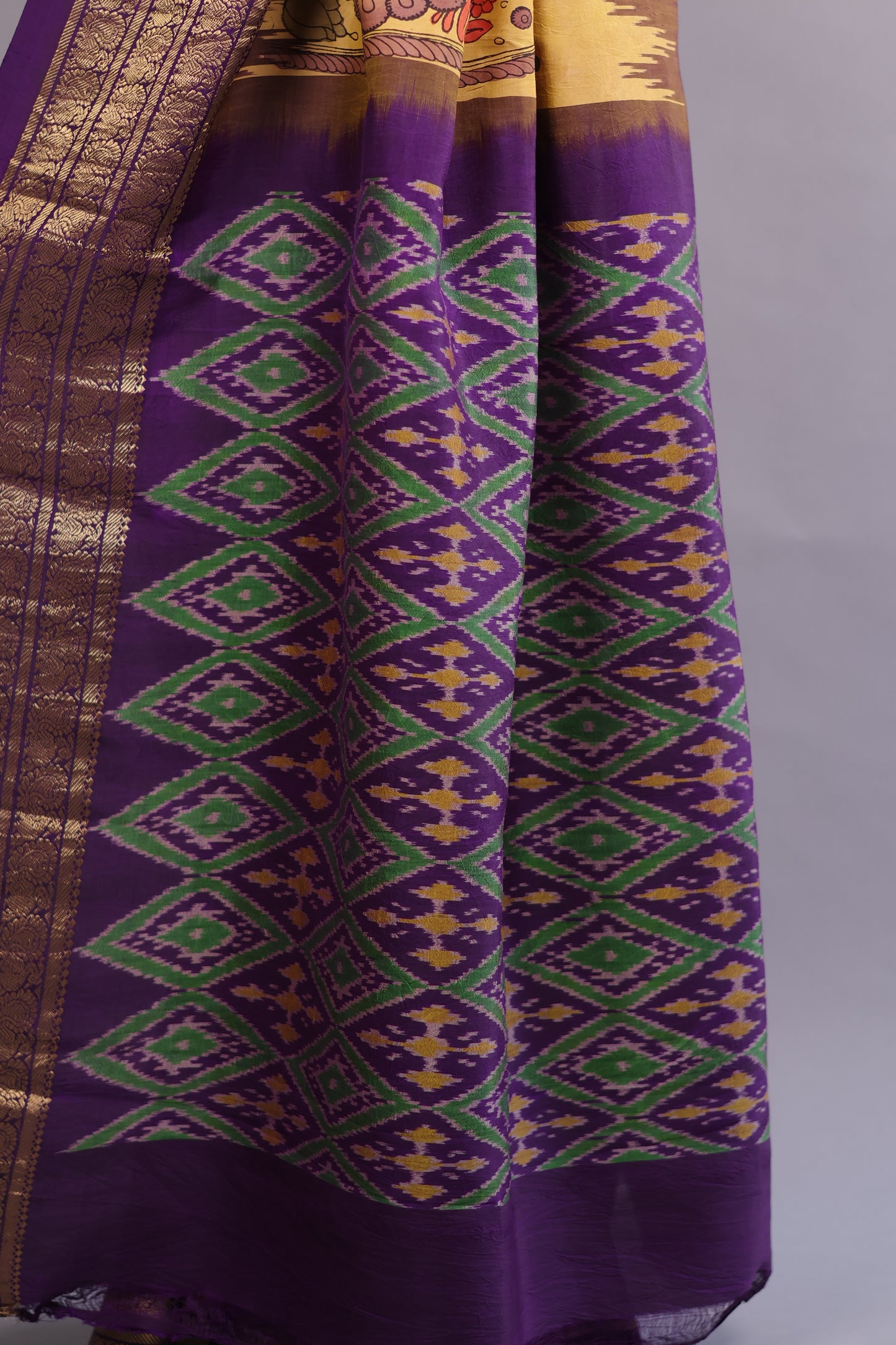 Yellow Kanchi Pattu Hand Painted Pen Kalamkari Saree