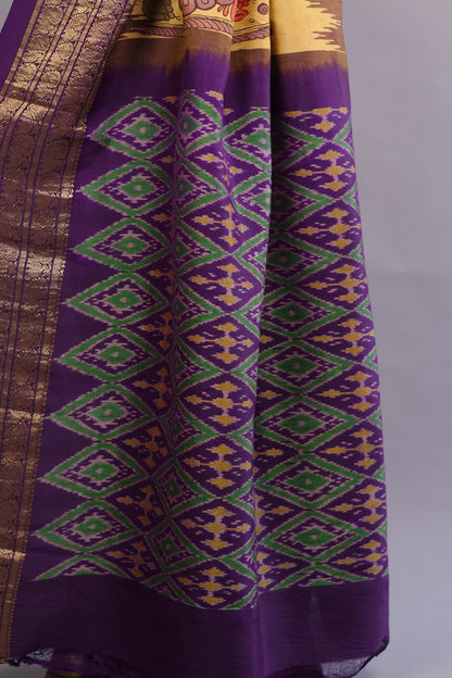 Yellow Kanchi Pattu Hand Painted Pen Kalamkari Saree