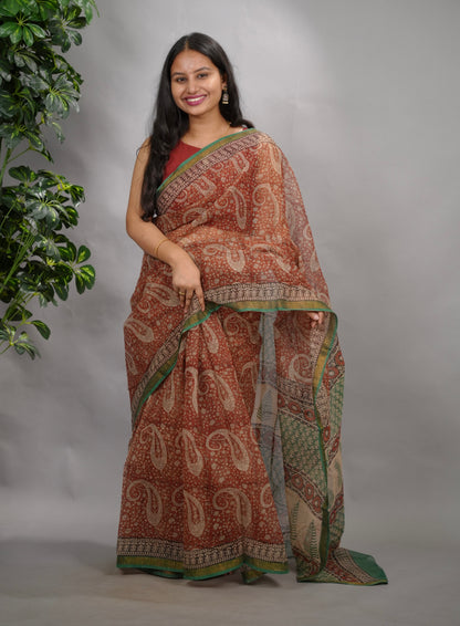 Maroon Pure Kota Doria Saree with Bagru Handblock Prints