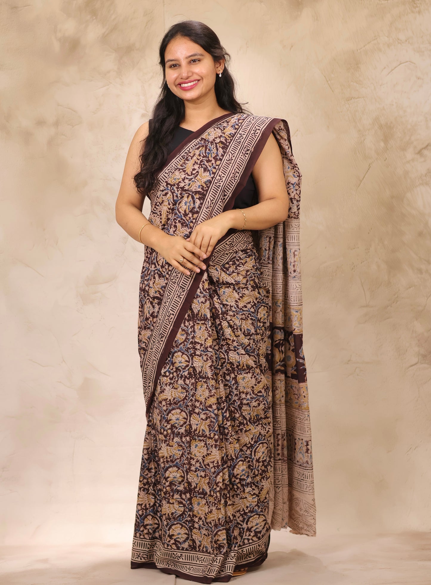 Brown Hand Block Printed Kalamkari Cotton Saree | Looms & Tassels