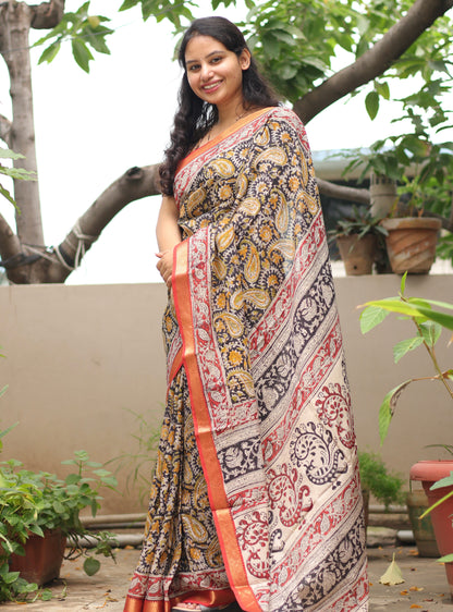 Black Hand Block Printed Kalamkari Nizam Border Silk Sare