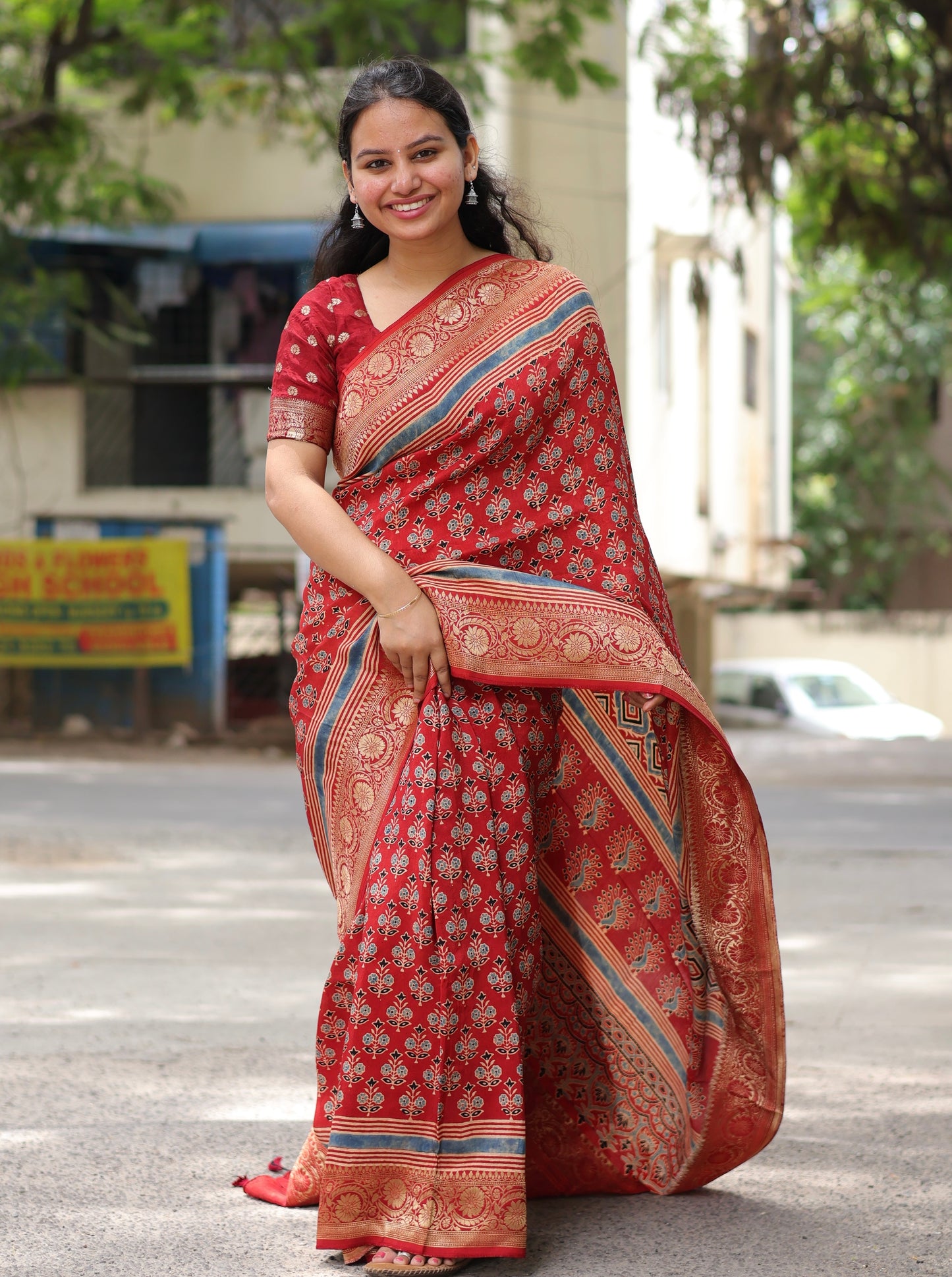 Red Ajrakh Dola Silk Saree