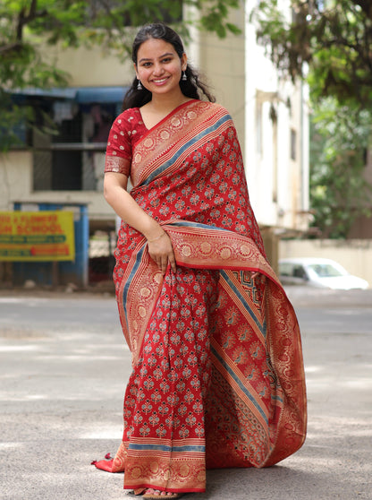 Red Ajrakh Dola Silk Saree
