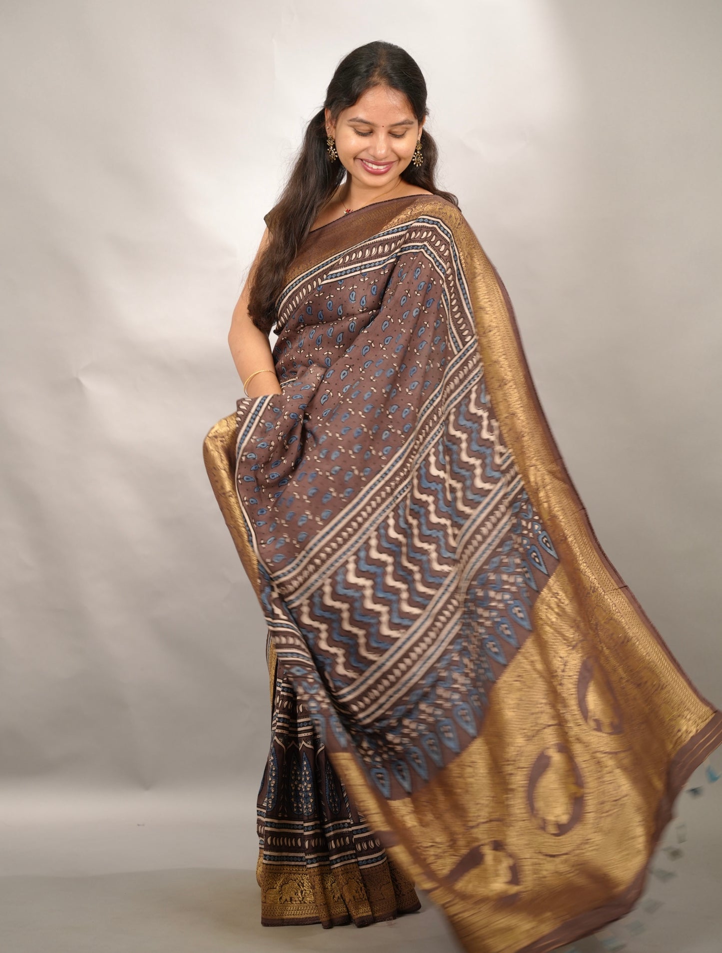 Ajrakh Handblock printed Dola Silk Saree | Looms & Tassels