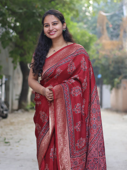 Maroon Butta Ajrakh Handblock Printed Dola Silk Saree