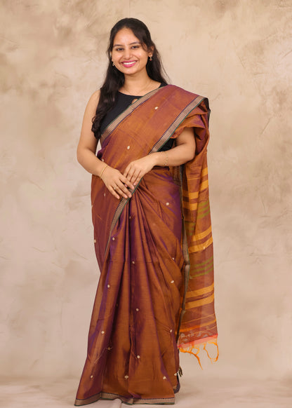 Mustard Narayanpet Cotton Saree With Butta Weaving | Looms & Tassels