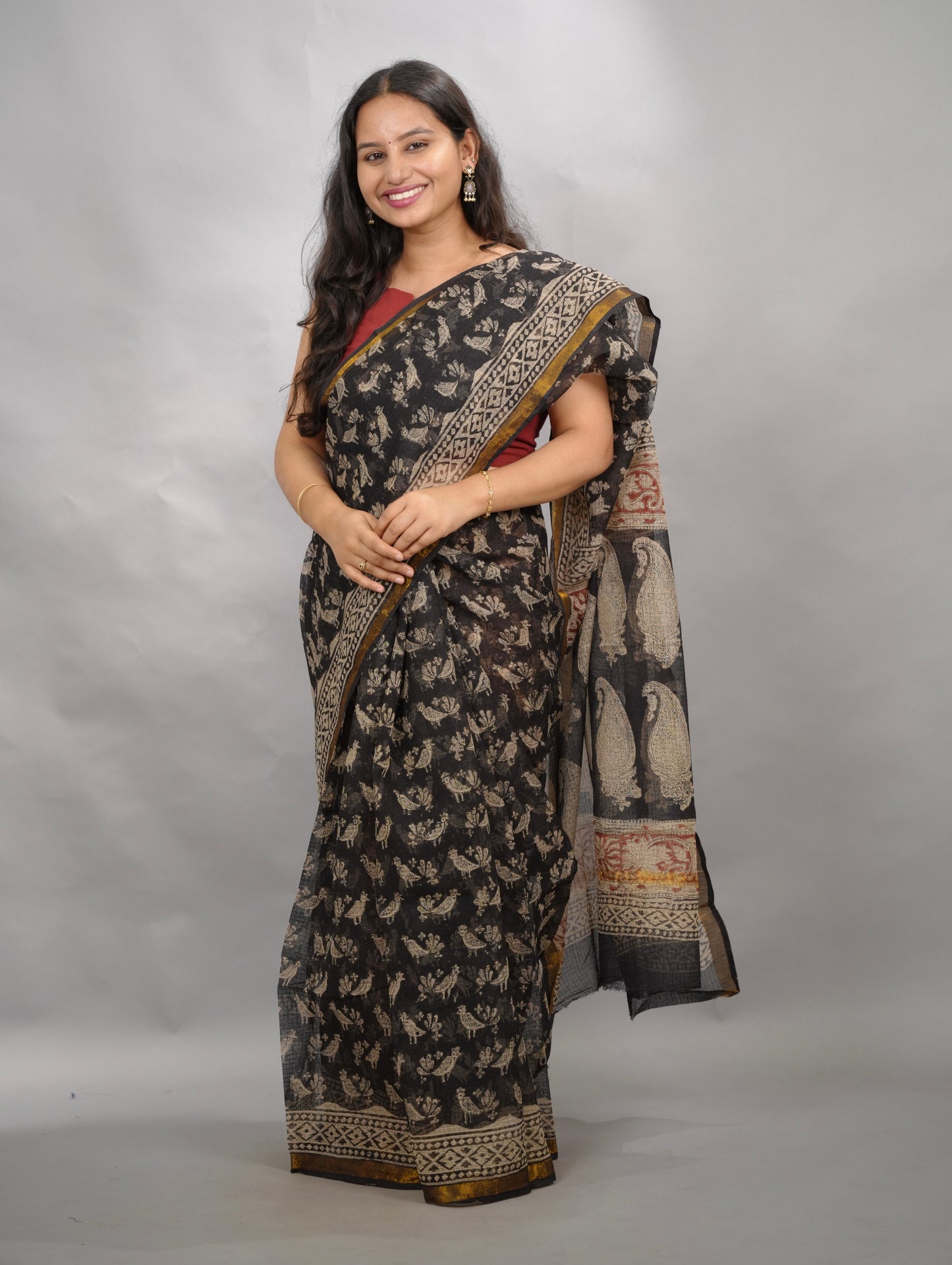 Black Pure Kota Doria Saree with Bagru Handblock Prints | Looms & Tassels