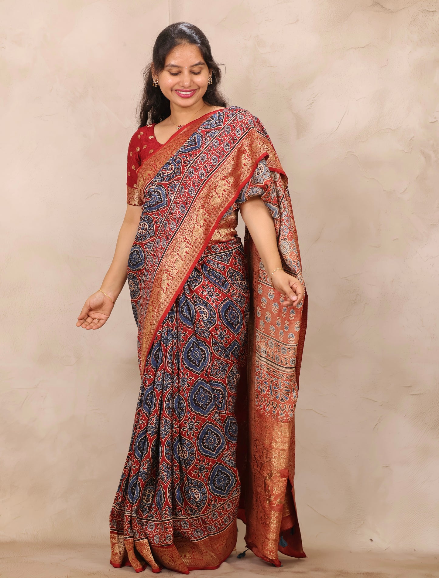 Red Badam Butta Ajrakh Handblock printed Dola Silk Saree | Looms & Tassels