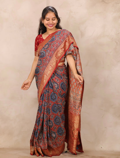Red Badam Butta Ajrakh Handblock printed Dola Silk Saree | Looms & Tassels