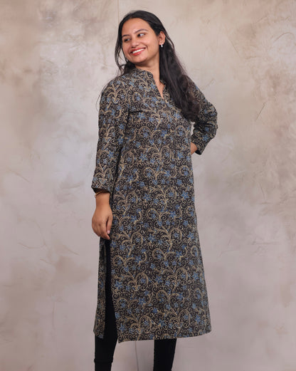 Grey Ajrakh Hand Block Printed Kurti | Looms & Tassels