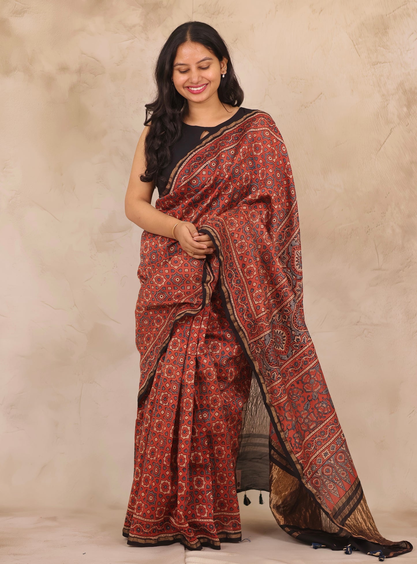 Maheswari Silk Cotton Ajrakh Handblock Printed Saree | Looms & Tassels