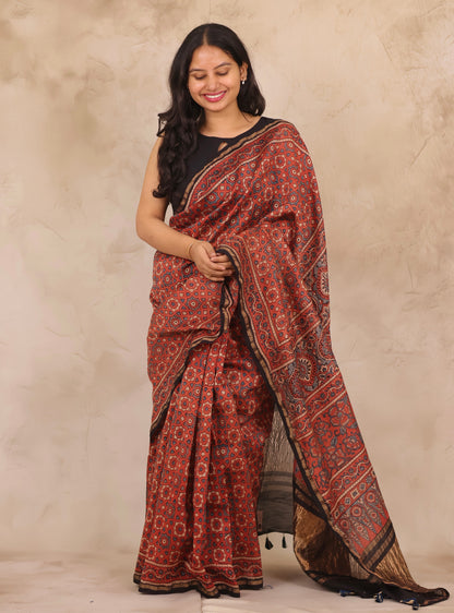 Maheswari Silk Cotton Ajrakh Handblock Printed Saree | Looms & Tassels