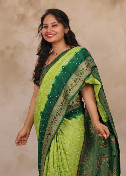 Dual Shade Green Handcrafted Bandhani Paithani Dola Silk Saree | Looms & Tassels