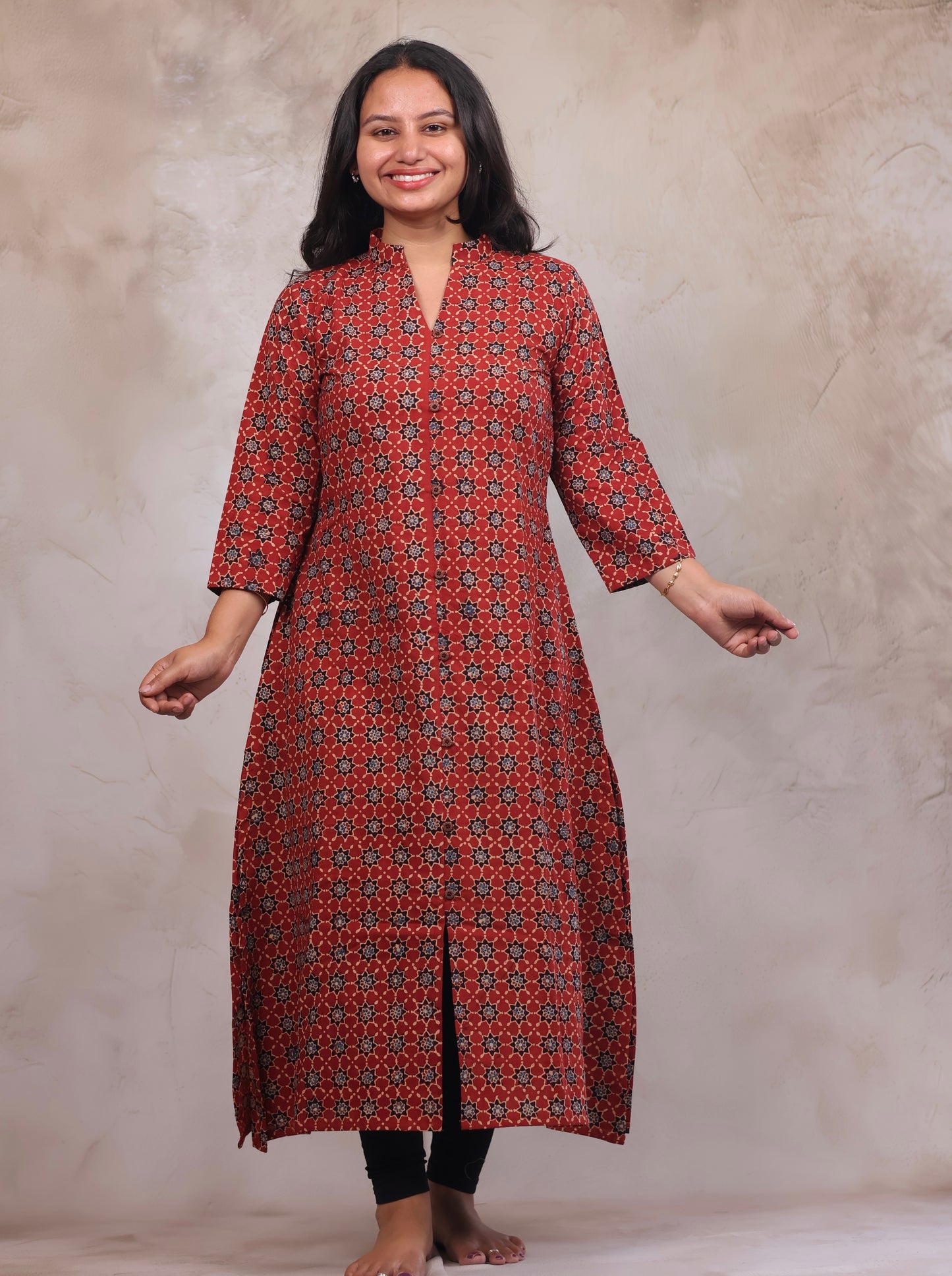 Red Ajrakh Hand Block Printed Kurti | Looms & Tassels