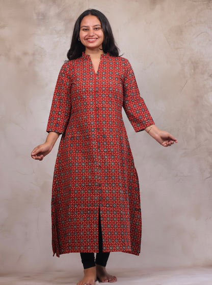 Red Ajrakh Hand Block Printed Kurti | Looms & Tassels