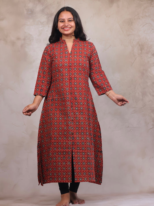 Red Ajrakh Hand Block Printed Kurti | Looms & Tassels