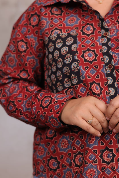 Red Ajrakh Handblock Printed Patch Work Shirt (Pure Cotton ) | Looms & Tassels