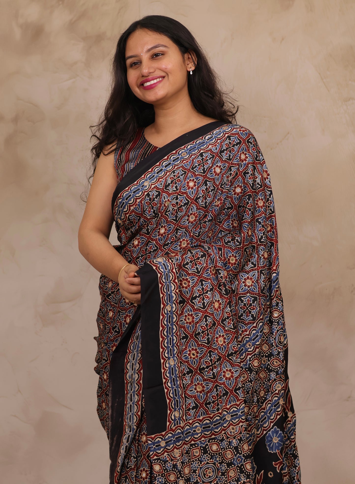 Black Handcrafted Ajrakh Modal Silk Saree with Authentic Banjara Mirror Work | Looms & Tassel