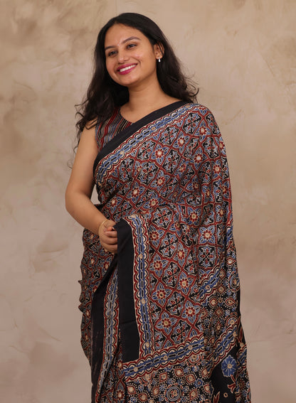 Black Handcrafted Ajrakh Modal Silk Saree with Authentic Banjara Mirror Work | Looms & Tassel