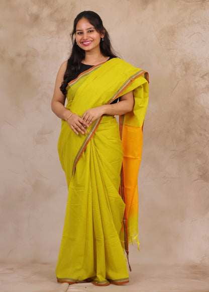 Lemon Yellow Narayanpet Cotton Saree | Looms & Tassels