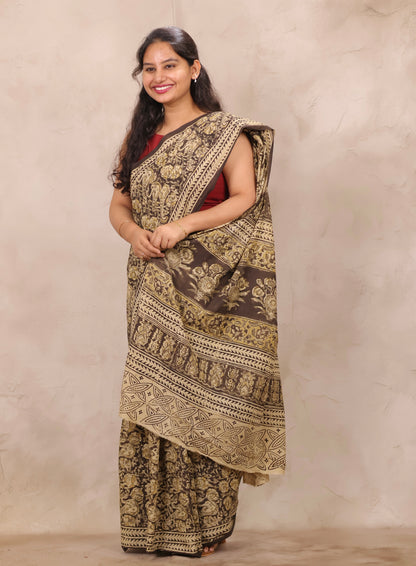 Black Hand Block Printed Kalamkari Cotton Saree | Looms & Tassels