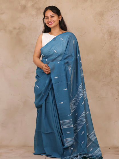 Blue Handwoven Malai Cotton Saree| Looms & Tassels