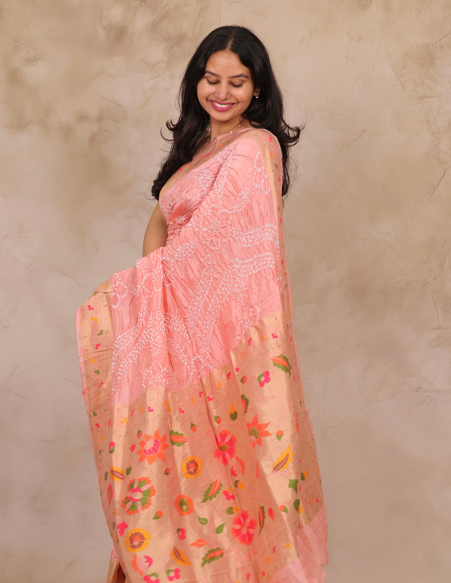 Peach Handcrafted Pattern Bandhani Paithani Dola Silk Saree | Looms & Tassels