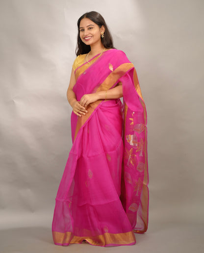 Pink Handloom Muslin Silk Saree With jamdhani weaving | Looms & Tassels