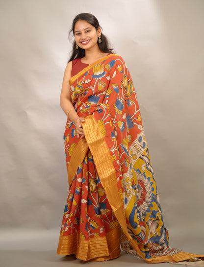 Rust Orange Kanchi border Kalamkari Chennur Silk Saree | Looms & Tassels