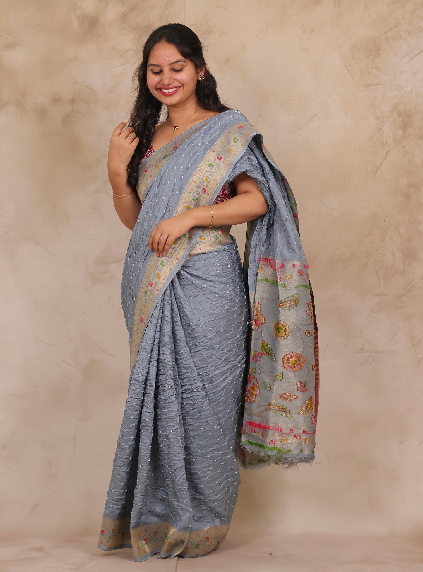 Grey Handcrafted Pattern Bandhani Paithani Dola Silk Saree | Looms & Tassels