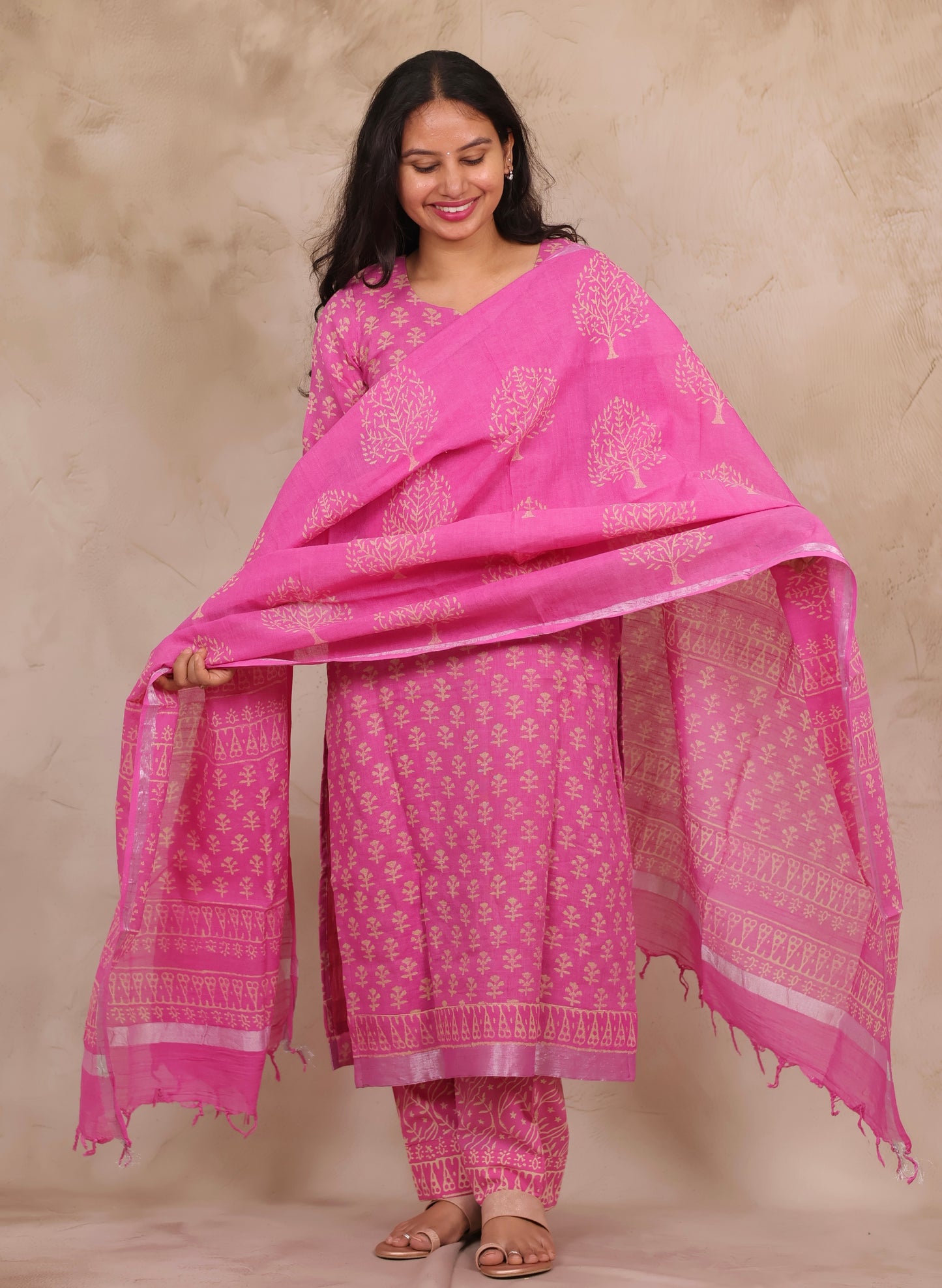 Pink Linen Cotton Handblock printed 3 piece suit (stitched)