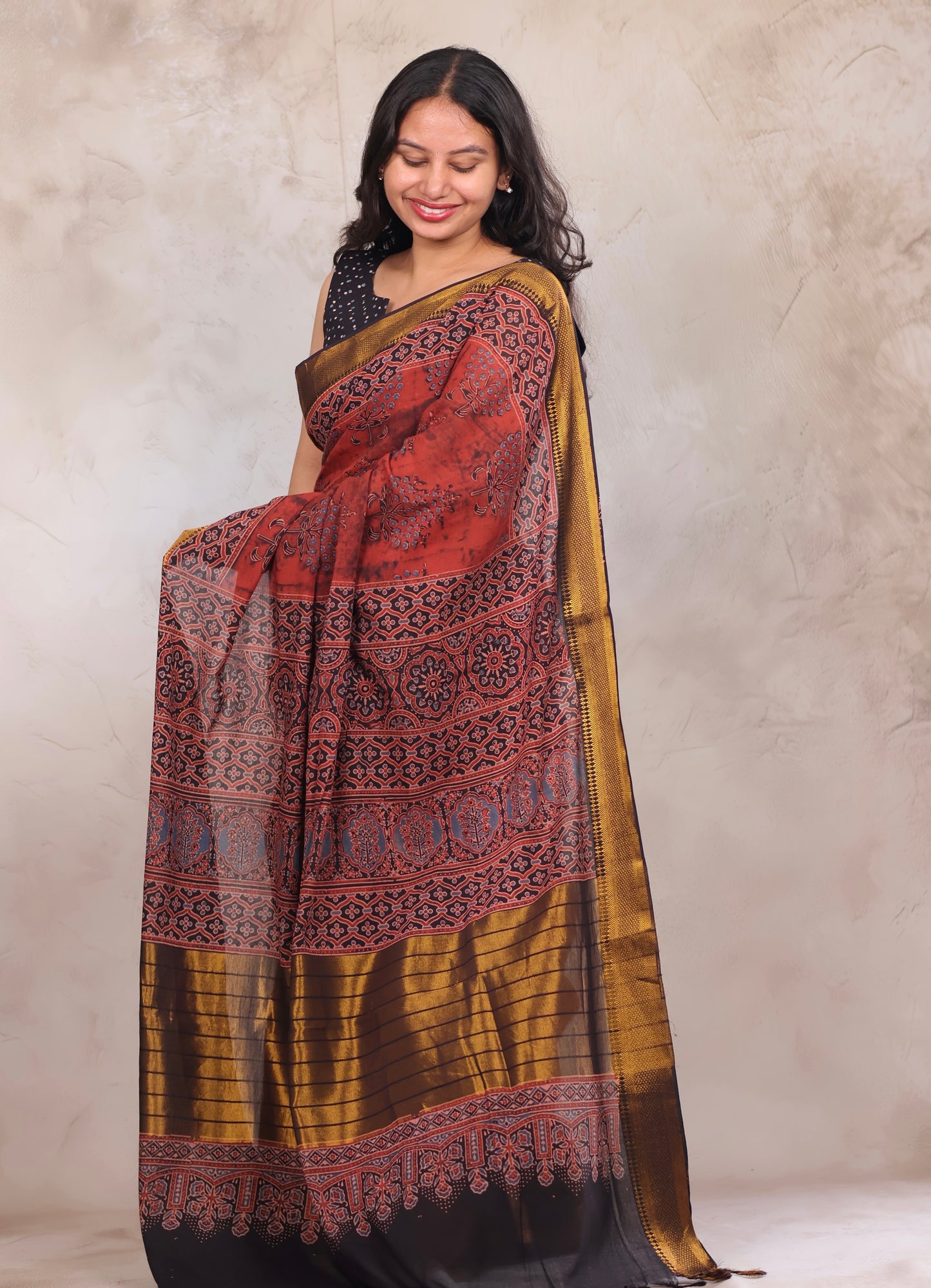 Rust Ajrakh Hand Block Printed Mangalagiri Cotton Saree | Looms & Tassels