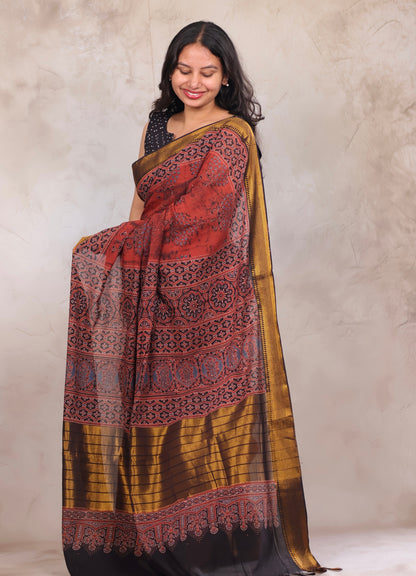 Rust Ajrakh Hand Block Printed Mangalagiri Cotton Saree | Looms & Tassels