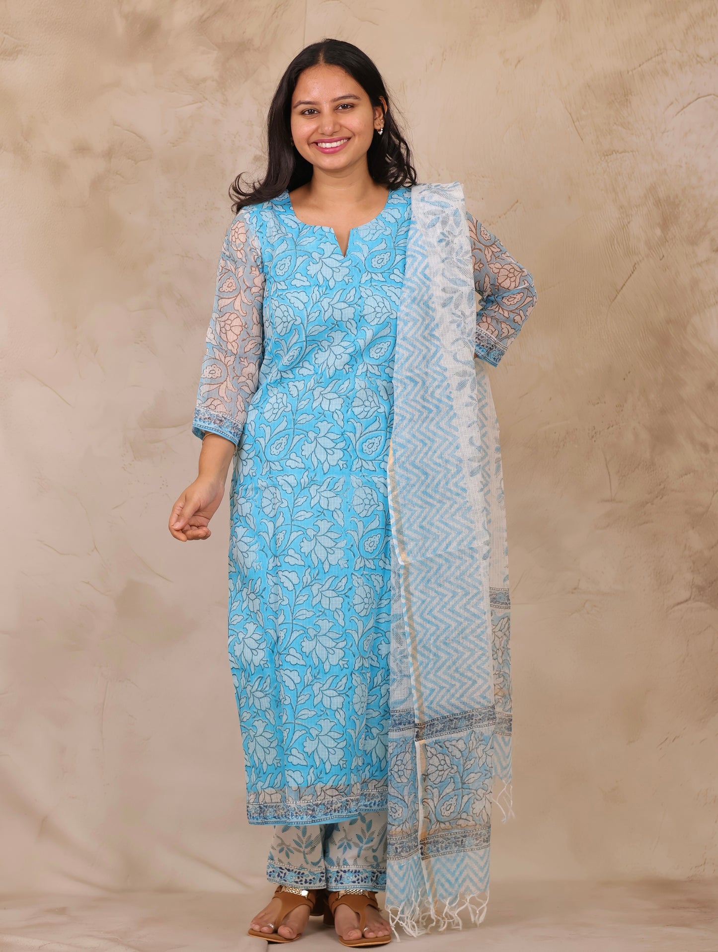 Ice Blue Handblock printed kota 3 piece suit (stitched)