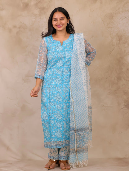 Ice Blue Handblock printed kota 3 piece suit (stitched)