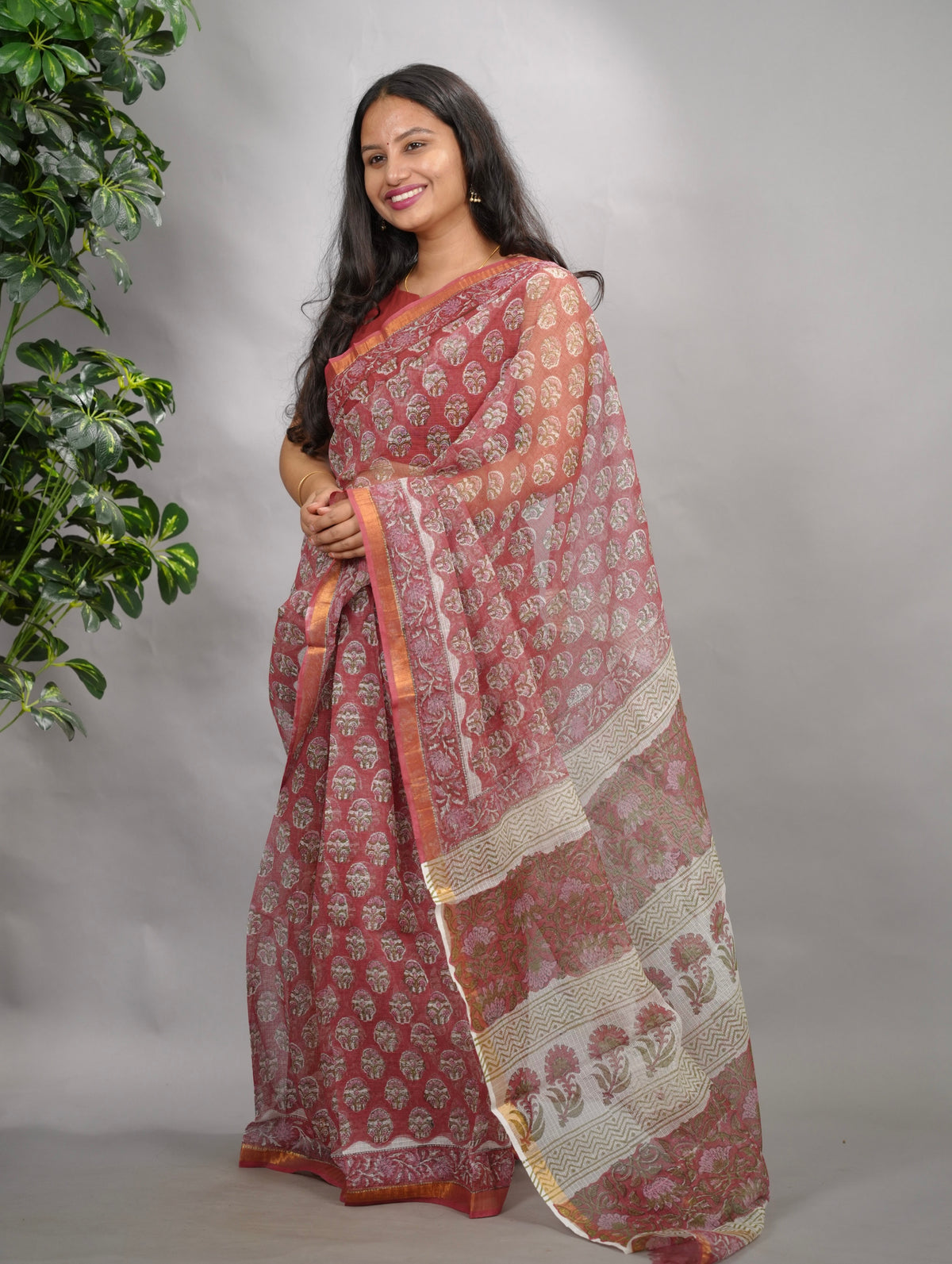 Dusty Rose Pink Pure Kota Doria Saree with Bagru Handblock Prints