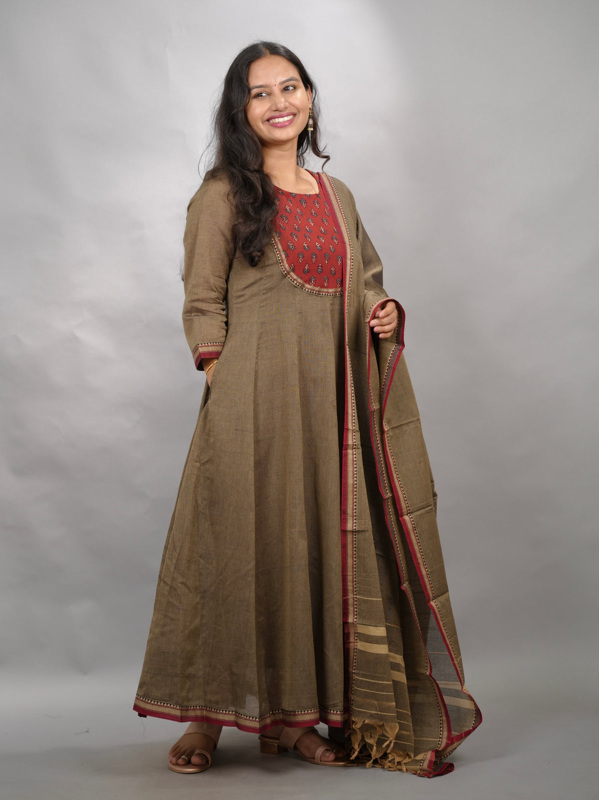 Grey Ajrakh Patch Work Narayanpet Cotton Anarkali Dress with Narayanpet Dupatta | Looms & Tassels