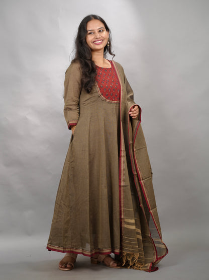 Grey Ajrakh Patch Work Narayanpet Cotton Anarkali Dress with Narayanpet Dupatta | Looms & Tassels